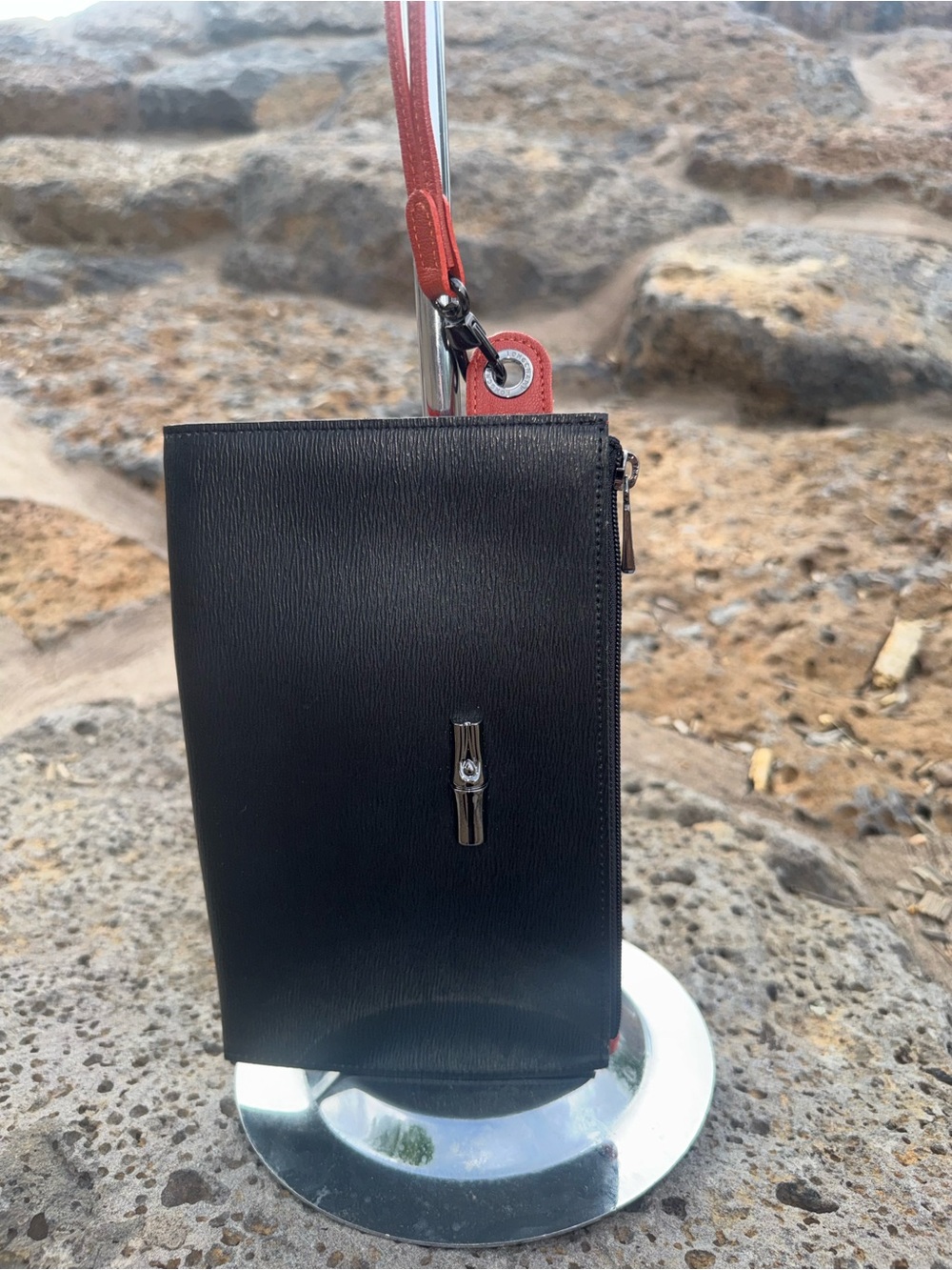 Longchamp Black Leather Wristlet with Red Strap like new